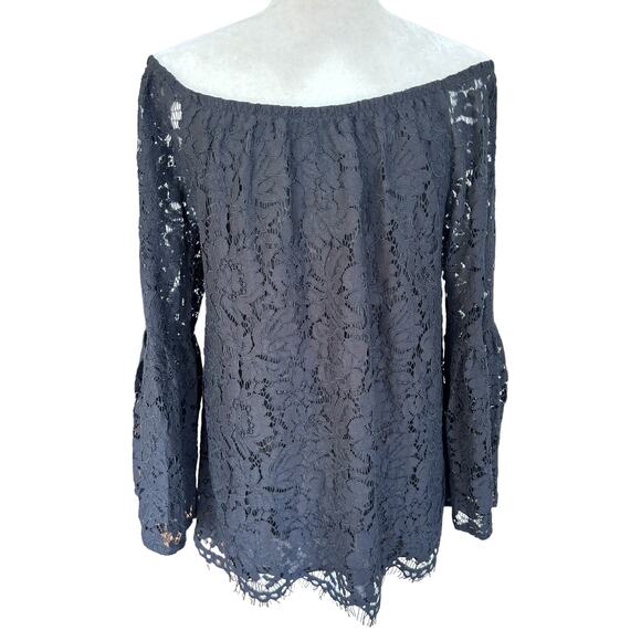 NWT Chaser Womens Black‎ Floral Lace Off Shoulder Bell Sleeve Top Size Medium - Picture 3 of 14